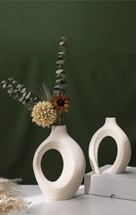 Hollow Nordic Modern Ceramic Vase Set of 2 - Boho Flower Vases for Living Room & Bookshelf Decor