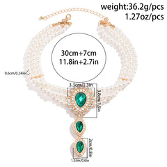 Purui Elegant Rhinestone Drop Shape Pendant Choker Multilayer Imitation Pearl Necklace for Women - Green and White Neck Chain Jewelry