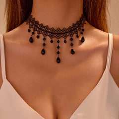 Gothic Dark Lace Choker Necklace - Trend Artificial Crystal Bead Tassel Pendant Clavicle Necklace Women's Y2K Party Stage Jewelry