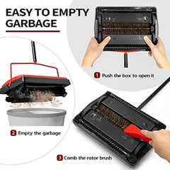 Manual Horsehair Rug Roller Brush for Pet Hair and Loose Debris Cleaning - Quiet Nonelectric Floor Sweeper with Red Handle