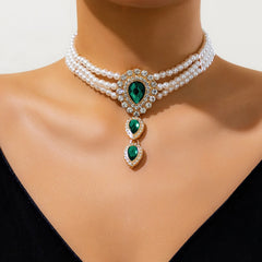 Purui Elegant Rhinestone Drop Shape Pendant Choker Multilayer Imitation Pearl Necklace for Women - Green and White Neck Chain Jewelry