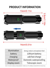 Powerful Rechargeable LED Flashlight - 100,000 Lumens Tactical Zoom Torch