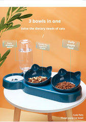Pet Bowls With Water Feeder, 3 In 1 Ear Design Tilted Cat Water And Food Bowl Set With Gravity Water Bottle For Neck Protection