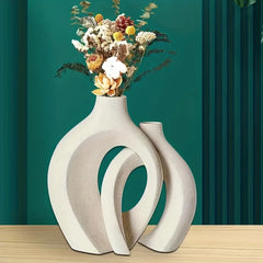 Hollow Nordic Modern Ceramic Vase Set of 2 - Boho Flower Vases for Living Room & Bookshelf Decor
