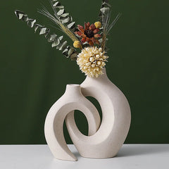 Hollow Nordic Modern Ceramic Vase Set of 2 - Boho Flower Vases for Living Room & Bookshelf Decor