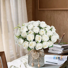 10-Head Silk Artificial Rose Flower Bundle | Premium Faux White Roses for Wedding, Vase, & Home Decor