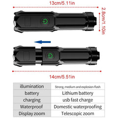 Powerful Rechargeable LED Flashlight - 100,000 Lumens Tactical Zoom Torch