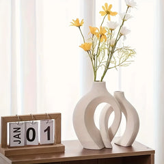Hollow Nordic Modern Ceramic Vase Set of 2 - Boho Flower Vases for Living Room & Bookshelf Decor