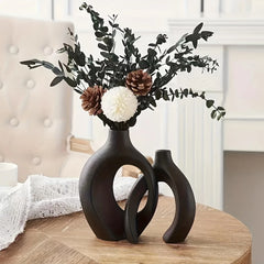 Hollow Nordic Modern Ceramic Vase Set of 2 - Boho Flower Vases for Living Room & Bookshelf Decor