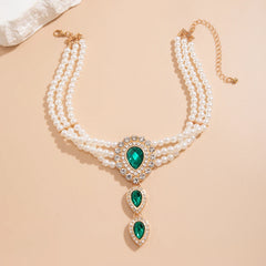 Purui Elegant Rhinestone Drop Shape Pendant Choker Multilayer Imitation Pearl Necklace for Women - Green and White Neck Chain Jewelry