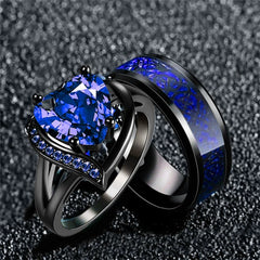 Fashion Couple Rings - Romantic Women Heart Blue Rhinestones Zircon Ring & Men Stainless Steel Celtic Dragon Ring - Wedding Jewelry