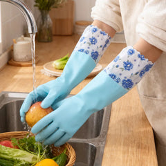 Winter Fleece-Lined Long Waterproof Gloves for Dishwashing and Household Cleaning