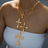4pcs Fashion Punk Cross Pendant Necklace Set for Women - Vintage Artificial Crystals Exaggerated Multi-Layer Necklaces New Jewelry
