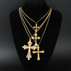 4pcs Fashion Punk Cross Pendant Necklace Set for Women - Vintage Artificial Crystals Exaggerated Multi-Layer Necklaces New Jewelry