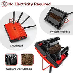 Manual Horsehair Rug Roller Brush for Pet Hair and Loose Debris Cleaning - Quiet Nonelectric Floor Sweeper with Red Handle