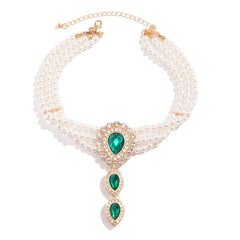 Purui Elegant Rhinestone Drop Shape Pendant Choker Multilayer Imitation Pearl Necklace for Women - Green and White Neck Chain Jewelry