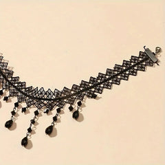 Gothic Dark Lace Choker Necklace - Trend Artificial Crystal Bead Tassel Pendant Clavicle Necklace Women's Y2K Party Stage Jewelry