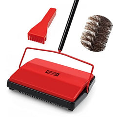 Manual Horsehair Rug Roller Brush for Pet Hair and Loose Debris Cleaning - Quiet Nonelectric Floor Sweeper with Red Handle