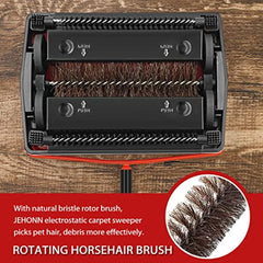 Manual Horsehair Rug Roller Brush for Pet Hair and Loose Debris Cleaning - Quiet Nonelectric Floor Sweeper with Red Handle