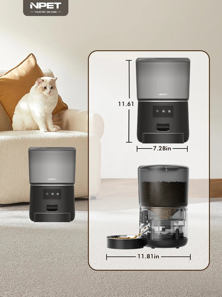 NPET 4L Automatic Smart Pet Feeder for Cats and Dogs - Multiple Pets Compatible with Stainless Steel Bowl, Customizable Healthy Food Portions (1-9)