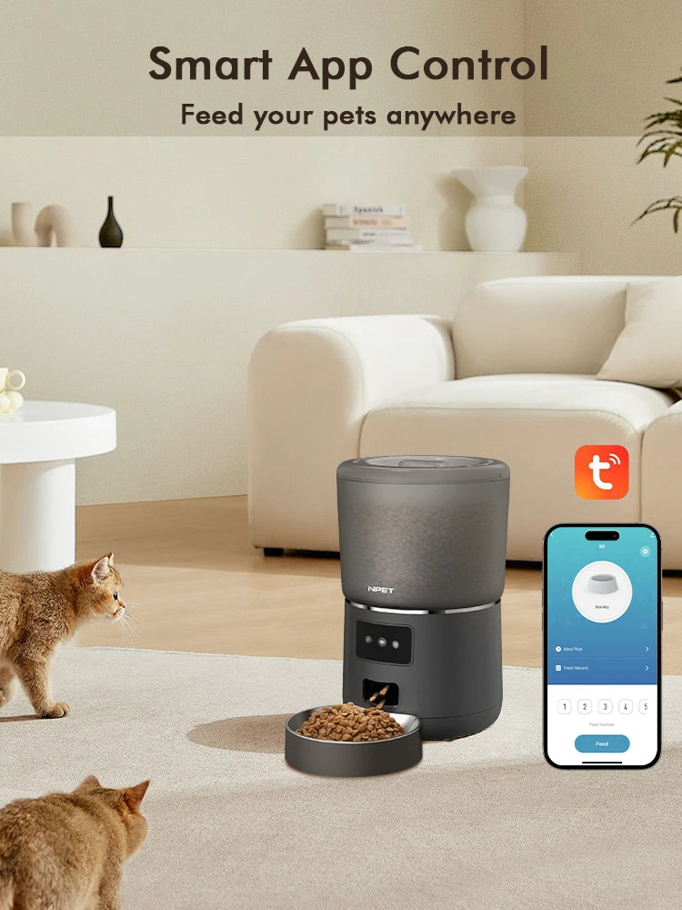 NPET 4L Automatic Smart Pet Feeder for Cats and Dogs - Multiple Pets Compatible with Stainless Steel Bowl, Customizable Healthy Food Portions (1-9)