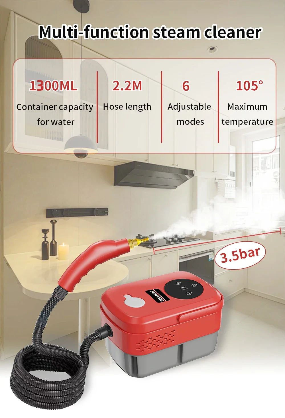 2500W High and Temperature Handheld Steam Cleaner - Multi-Purpose Steam Cleaning Machine for Air Conditioners, Kitchen Hoods, Cars, Floors, and More