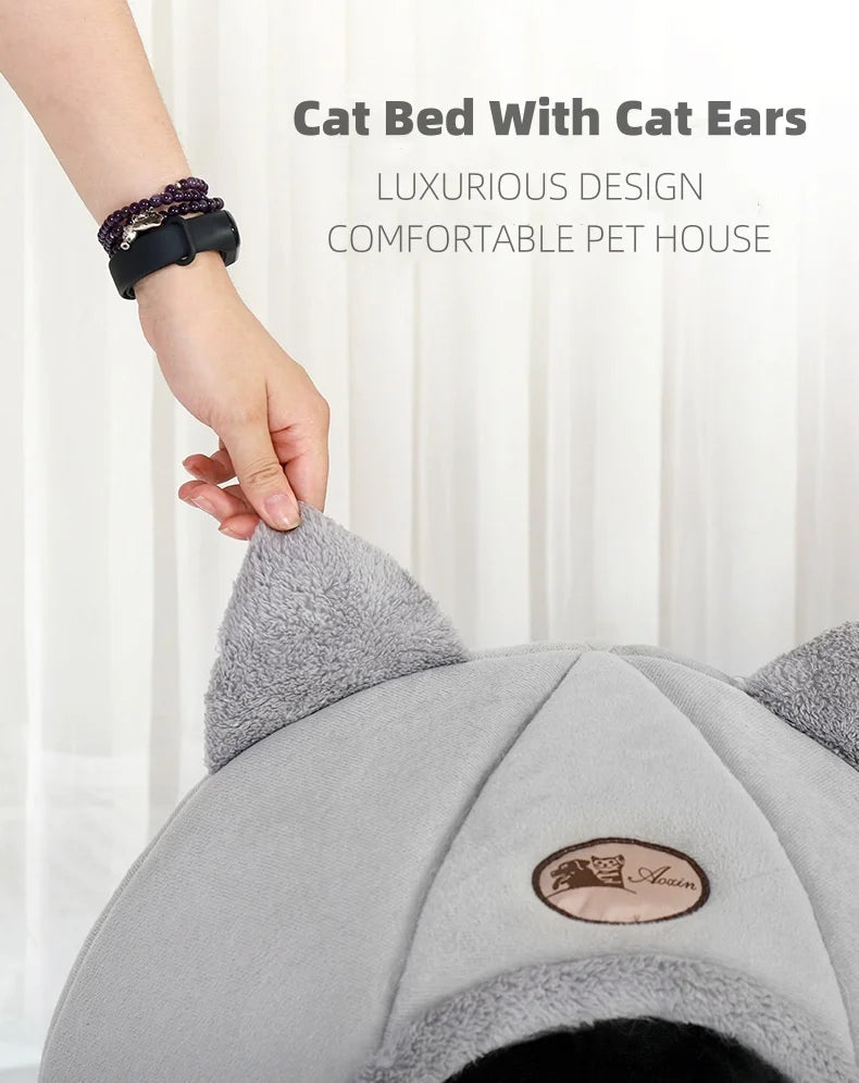Cozy Cat Bed with Ears – Warm, Soft & Washable for All Cat Sizes.