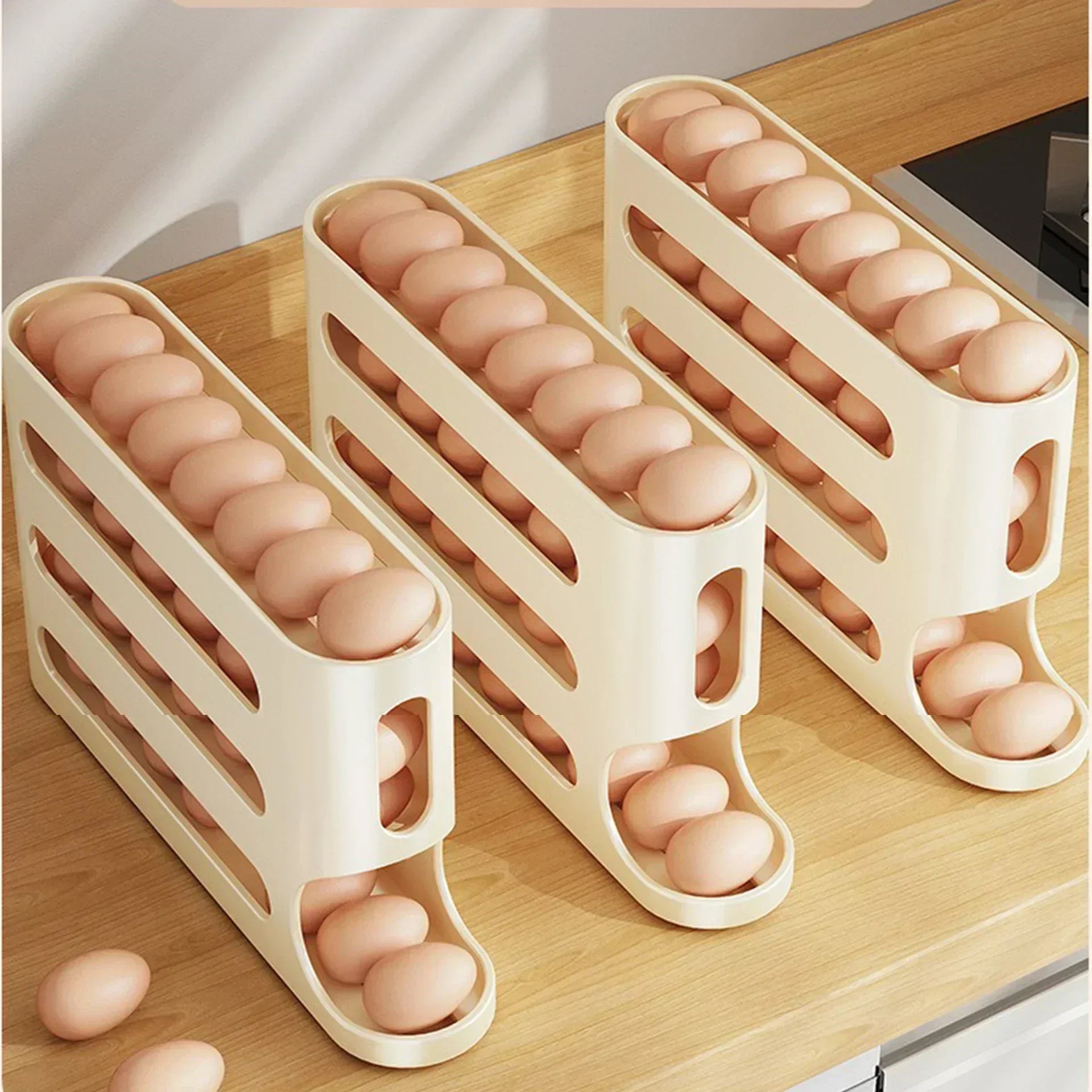 SEO Title: 2–4 Layer Slide Egg Storage Box – Ladder-Style, Large Capacity, Auto-Rolling for Refrigerator Door