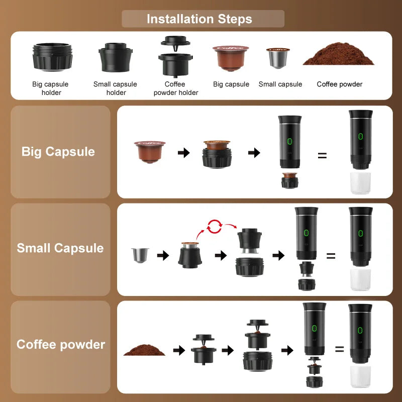 Wireless Electric Portable Espresso Coffee Machine for Car, Home, Camping - 3-in-1 Capsule and Powder Travel Coffee Maker