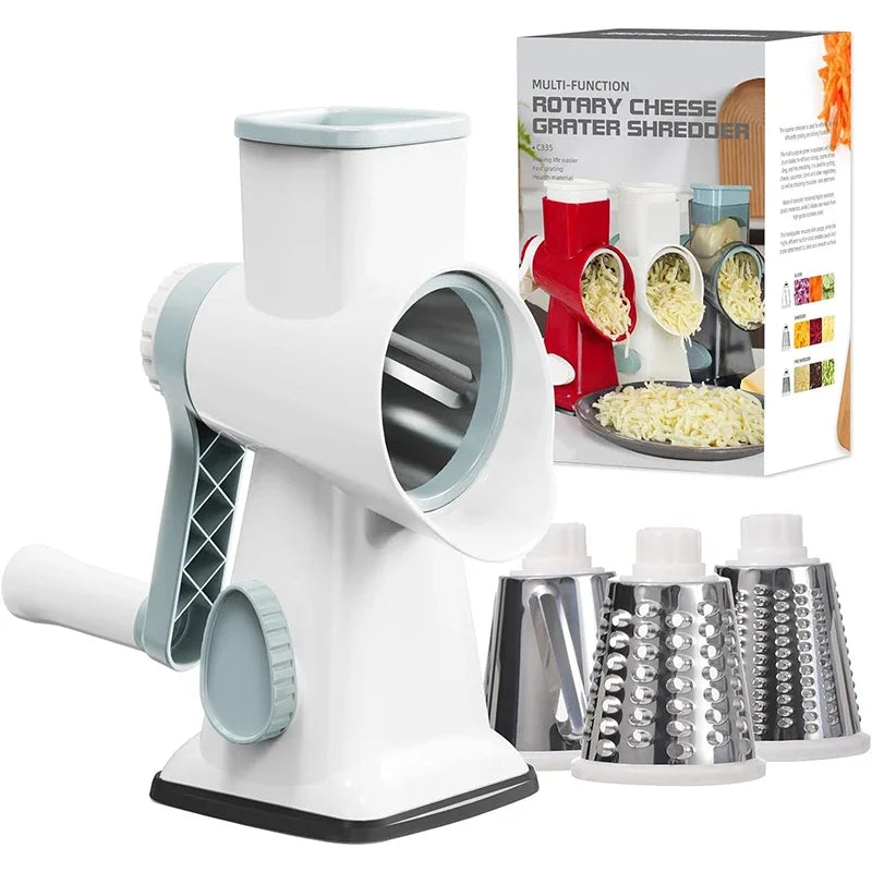 3-in-1 Rotary Cheese Vegetable Grater Nut Grinder Manual Kitchen Slicer with Clear Container for Peanut Food Prep