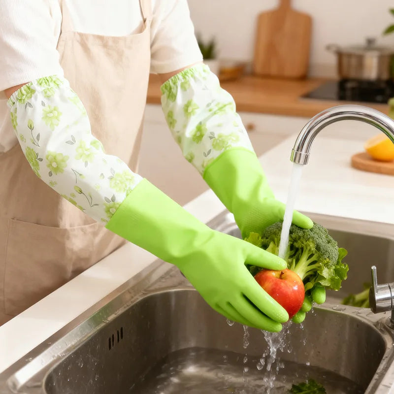 Winter Fleece-Lined Long Waterproof Gloves for Dishwashing and Household Cleaning
