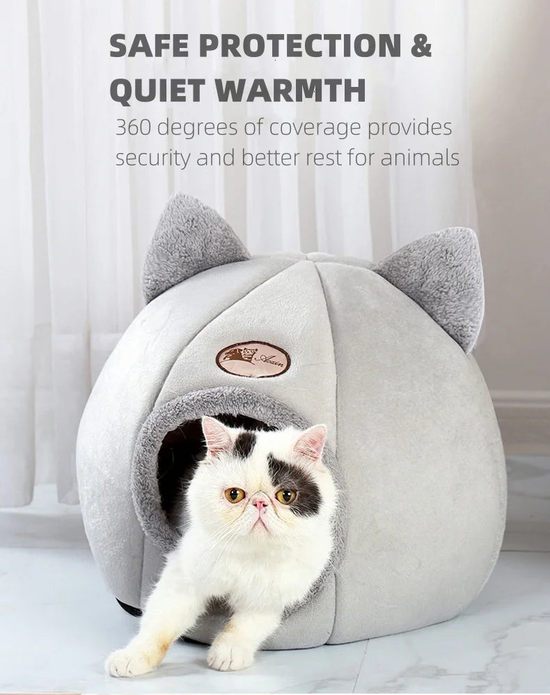 Cozy Cat Bed with Ears – Warm, Soft & Washable for All Cat Sizes.