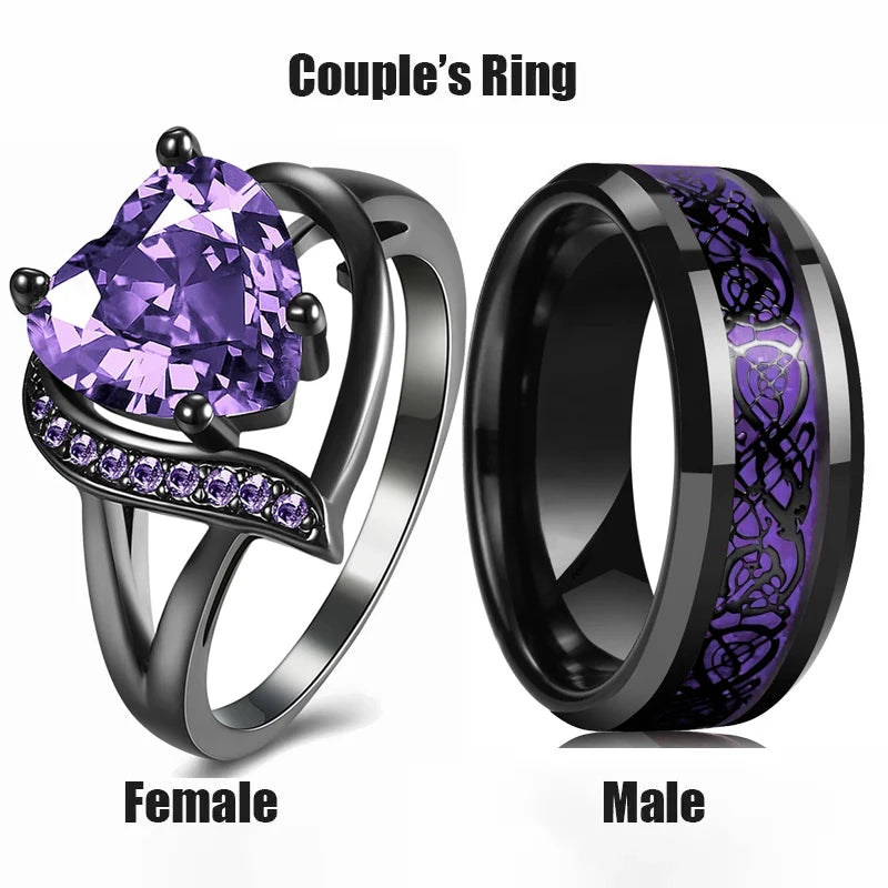 Fashion Couple Rings - Romantic Women Heart Blue Rhinestones Zircon Ring & Men Stainless Steel Celtic Dragon Ring - Wedding Jewelry