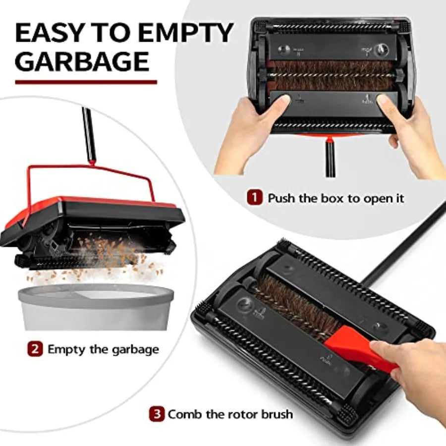 Manual Horsehair Rug Roller Brush for Pet Hair and Loose Debris Cleaning - Quiet Nonelectric Floor Sweeper with Red Handle