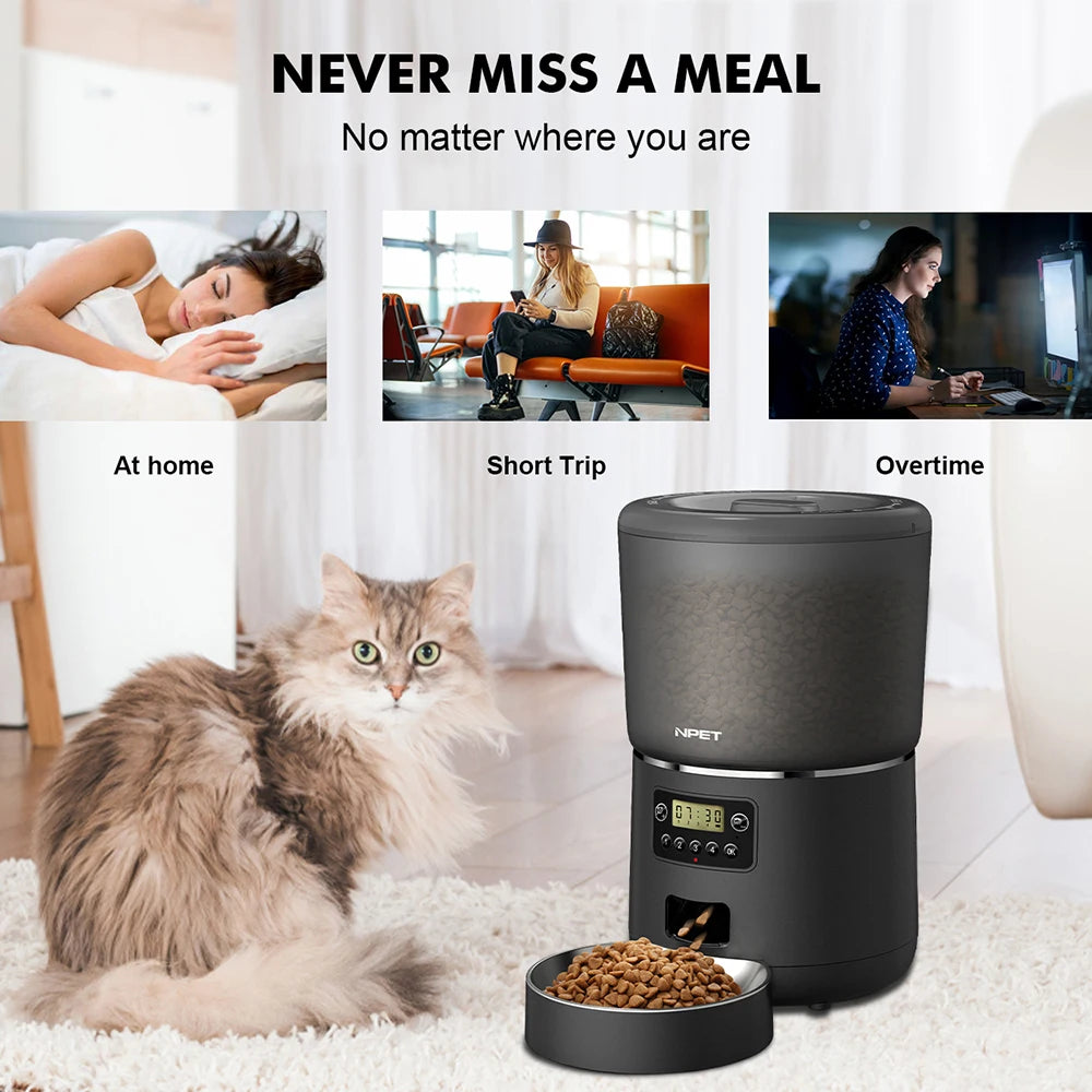 NPET 4L Automatic Smart Pet Feeder for Cats and Dogs - Multiple Pets Compatible with Stainless Steel Bowl, Customizable Healthy Food Portions (1-9)