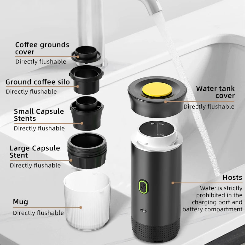 Wireless Electric Portable Espresso Coffee Machine for Car, Home, Camping - 3-in-1 Capsule and Powder Travel Coffee Maker