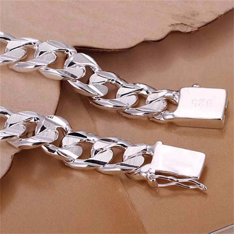 New High-End Women's Men's Fine 925 Sterling Silver Bracelet - Fashion Jewelry Gift Men's 10mm Square Beautiful Gem