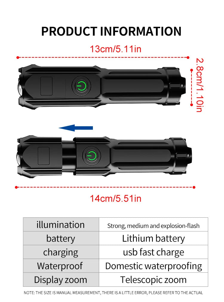 Powerful LED Flashlight Rechargeable USB 18650 Waterproof Zoom Fishing Hunting Camping 100,000 Lumens Tactical Flashlight LED FL