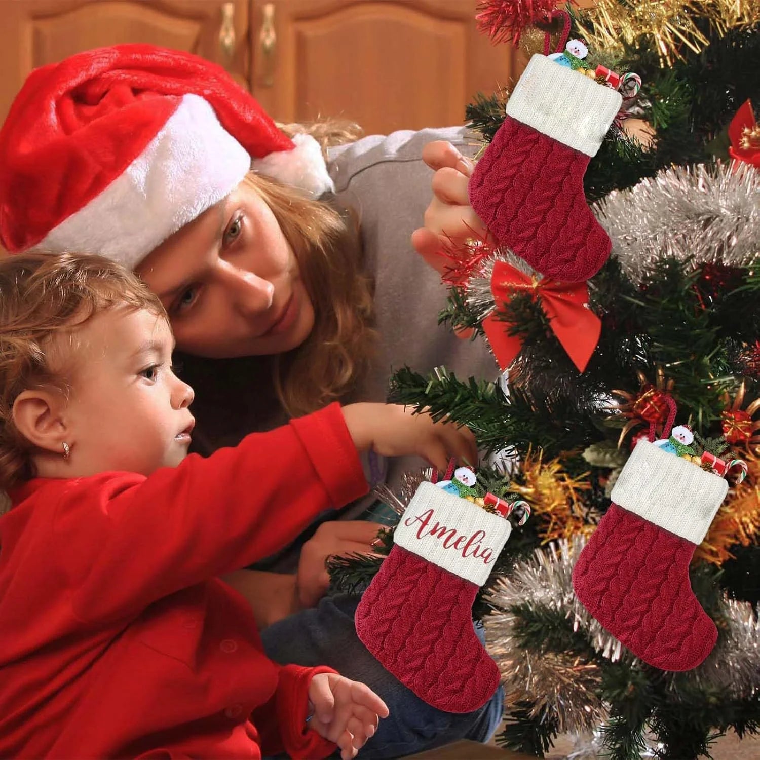 Mini Custom Christmas Stockings with Names Red Personalized Knitted Christmas Stockings for Kids Family Xmas Stocking for Decor