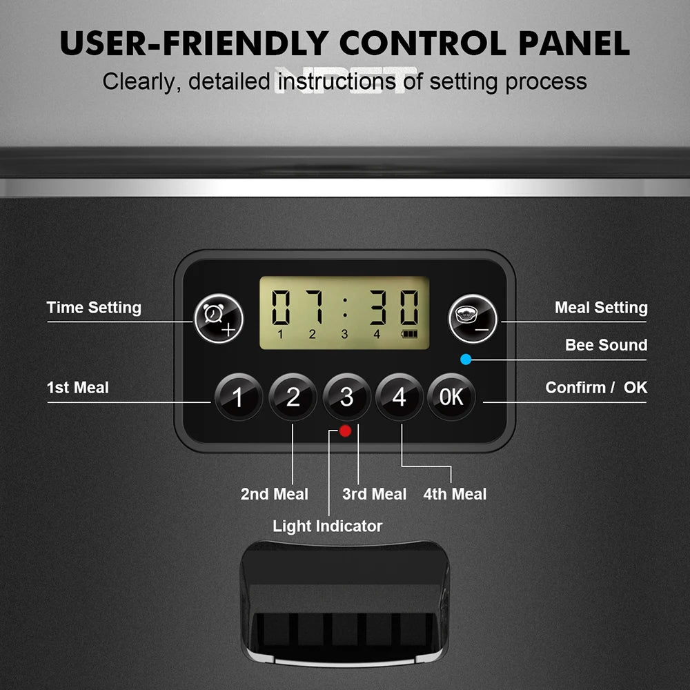 NPET 4L Automatic Smart Pet Feeder for Cats and Dogs - Multiple Pets Compatible with Stainless Steel Bowl, Customizable Healthy Food Portions (1-9)