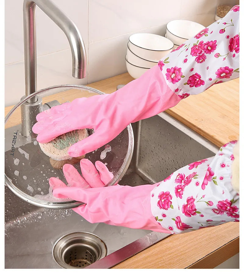 Winter Fleece-Lined Long Waterproof Gloves for Dishwashing and Household Cleaning