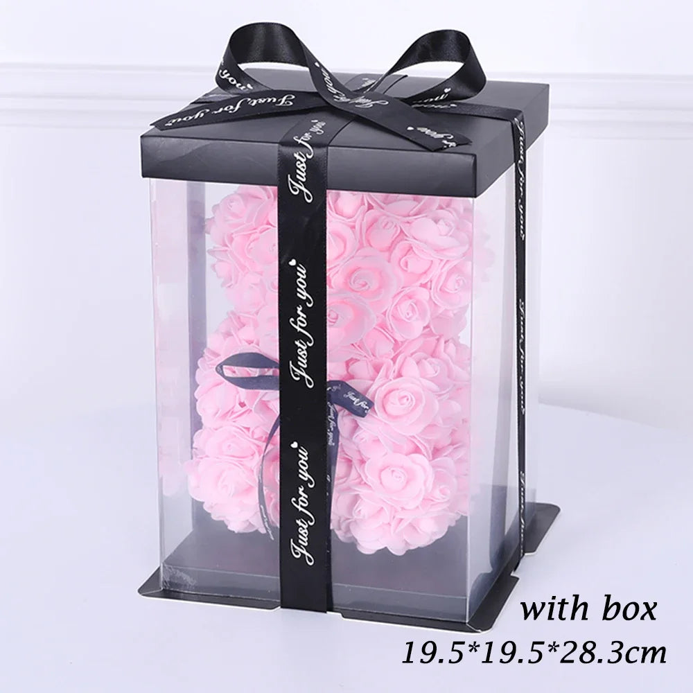 25cm Artificial Teddy Rose Flower Bear with Box Romantic Valentines Day Gift Girlfriend Women Mother Birthday Wedding Party Deco