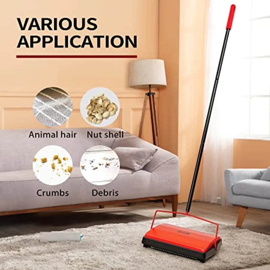 Manual Horsehair Rug Roller Brush for Pet Hair and Loose Debris Cleaning - Quiet Nonelectric Floor Sweeper with Red Handle