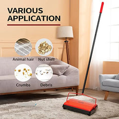 Manual Horsehair Rug Roller Brush for Pet Hair and Loose Debris Cleaning - Quiet Nonelectric Floor Sweeper with Red Handle