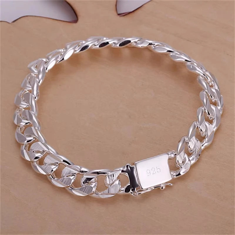 New High-End Women's Men's Fine 925 Sterling Silver Bracelet - Fashion Jewelry Gift Men's 10mm Square Beautiful Gem
