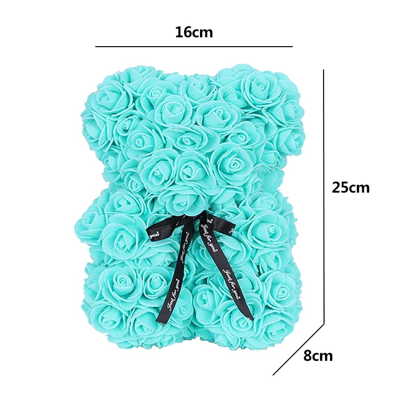 25cm Artificial Teddy Rose Flower Bear with Box Romantic Valentines Day Gift Girlfriend Women Mother Birthday Wedding Party Deco
