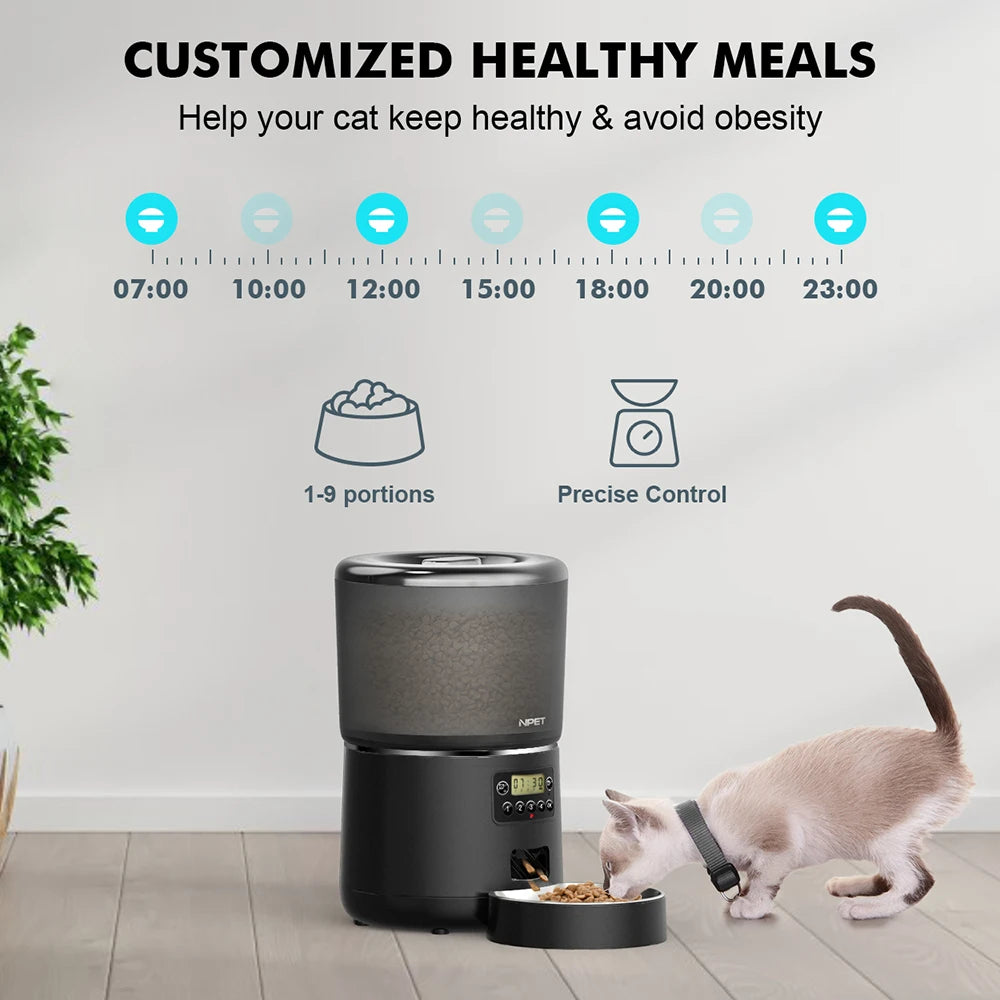NPET 4L Automatic Smart Pet Feeder for Cats and Dogs - Multiple Pets Compatible with Stainless Steel Bowl, Customizable Healthy Food Portions (1-9)