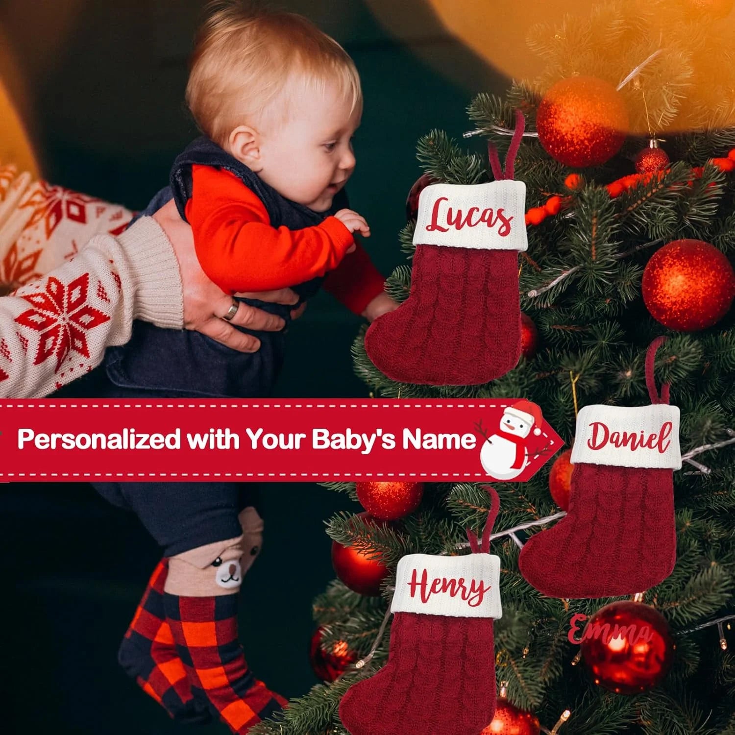 Mini Custom Christmas Stockings with Names Red Personalized Knitted Christmas Stockings for Kids Family Xmas Stocking for Decor