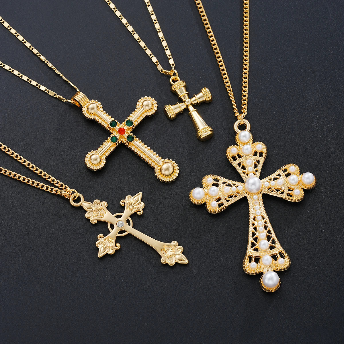 4pcs Fashion Punk Cross Pendant Necklace Set for Women - Vintage Artificial Crystals Exaggerated Multi-Layer Necklaces New Jewelry