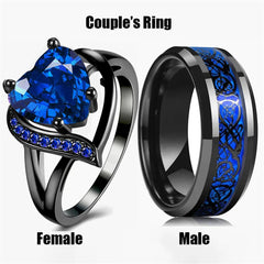 Fashion Couple Rings - Romantic Women Heart Blue Rhinestones Zircon Ring & Men Stainless Steel Celtic Dragon Ring - Wedding Jewelry